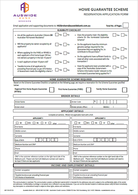 Home Guarantee Scheme - Reservation Application Form